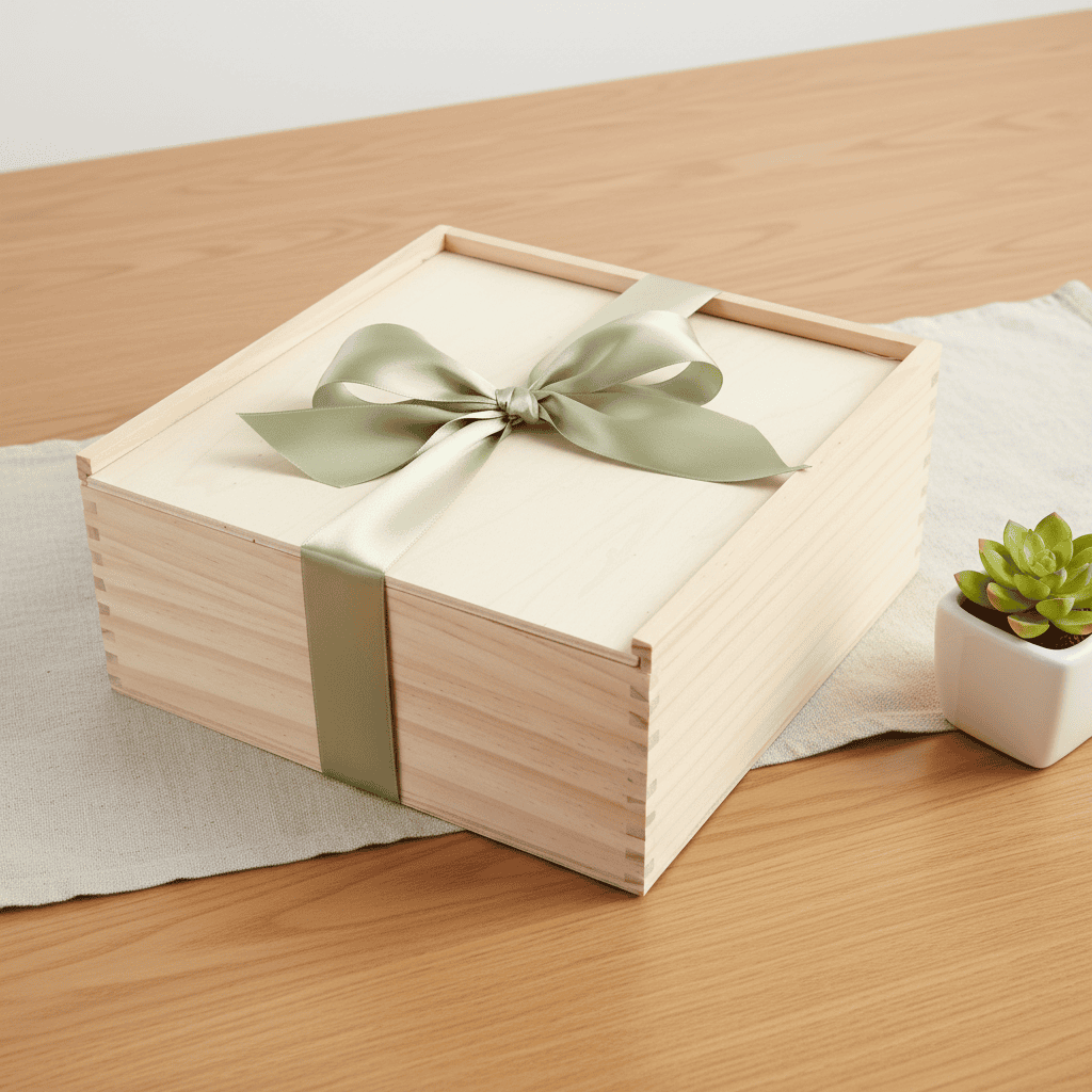 Wooden gift box with a green ribbon on a wooden surface
