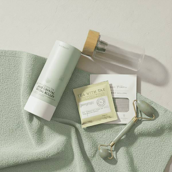 Skincare products including a jade facial roller, packaging, and a towel on a light background