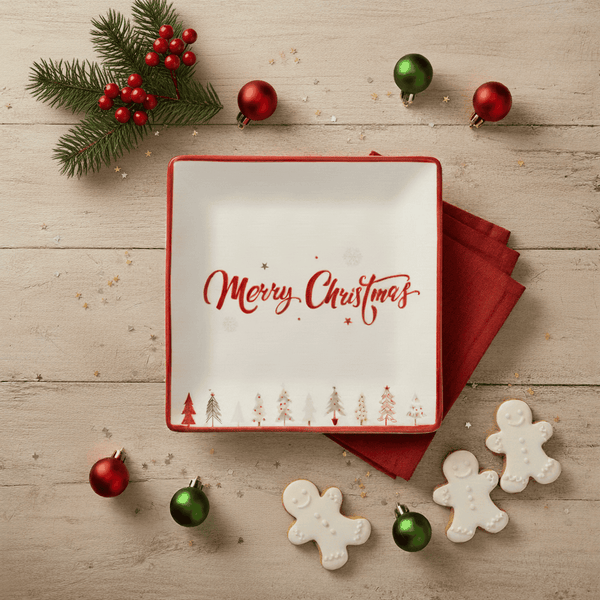 Christmas themed plate with 'Merry Christmas' text, surrounded by festive decorations on a wooden surface.
