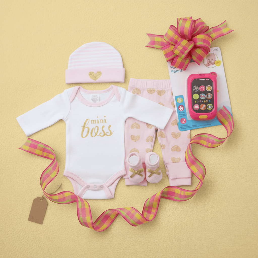 Baby clothing set with 'mini boss' onesie, pink hat, and baby shoes on a yellow background