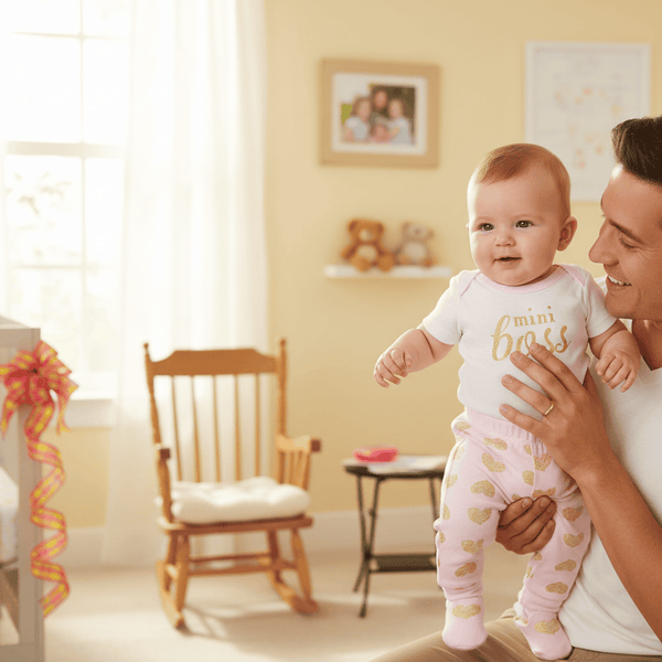 Man holding a baby with a Mini Boss motif in a room with a rocking chair in the background
