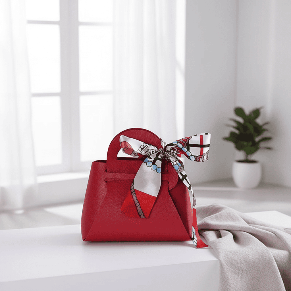 Mini Faux Leather Red Bag with a patterned silk scarf bow on handle, ideal for gifting. Compact size, luxurious feel, perfect for Celebratopia's custom gifting style.