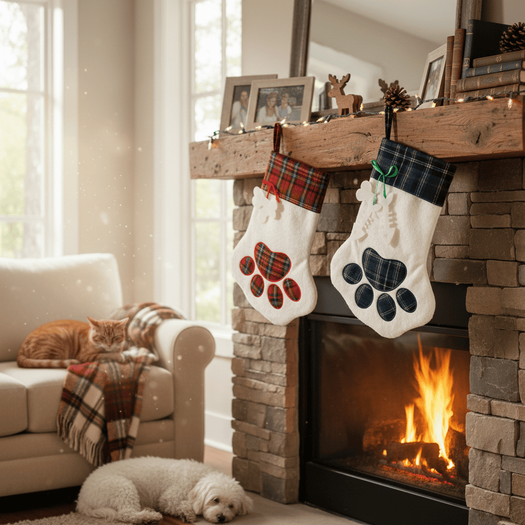 Two plaid stockings with paw prints hanging above a fireplace in a cozy living room
