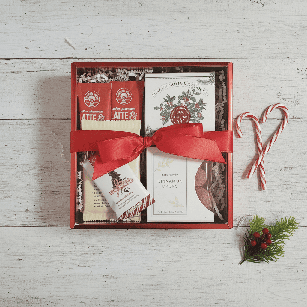 Gift box with festive items including cookie butter lattes, tea, peppermint chocolate, shortbread cookies, and cinnamon drops on a wooden surface.