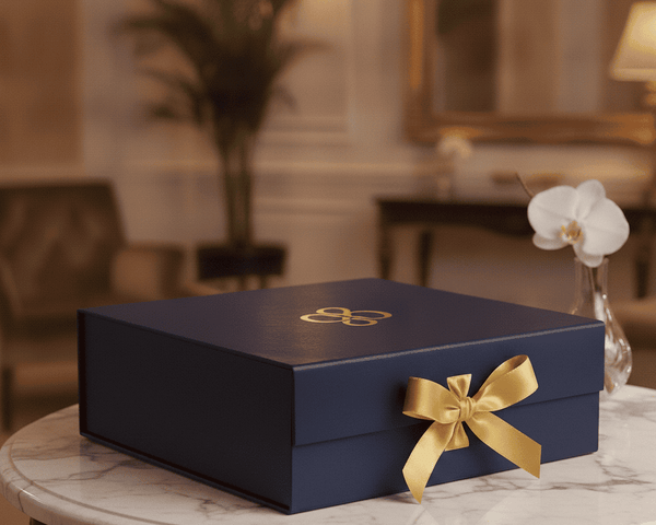A navy blue rectangular gift box with a gold monogram logo on the lid and a gold ribbon bow on the front, displayed on a marble table in a softly lit indoor setting.