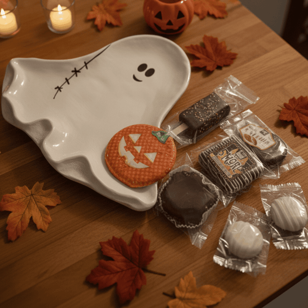 Halloween-themed treats on a ghost-shaped plate with autumn leaves on a wooden table.