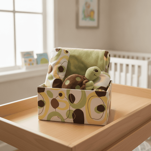 A baby gift set in a patterned storage box, featuring a green plush turtle toy, a folded green blanket, and a matching patterned cloth, displayed on a wooden changing table in a softly lit nursery.