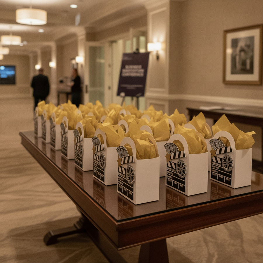 A row of white party favor boxes with clapperboard designs, filled with yellow tissue paper, arranged on a polished wooden table in a hotel lobby.