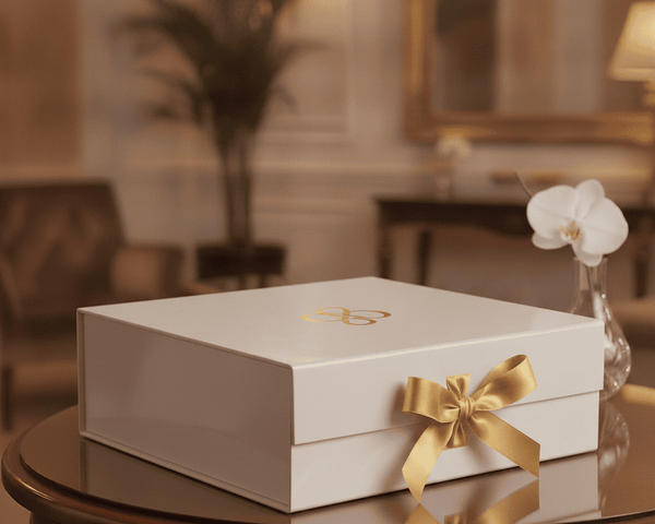A white rectangular gift box with a gold monogram logo on the lid and a gold ribbon bow on the front, displayed on a dark wooden table in a softly lit indoor setting.