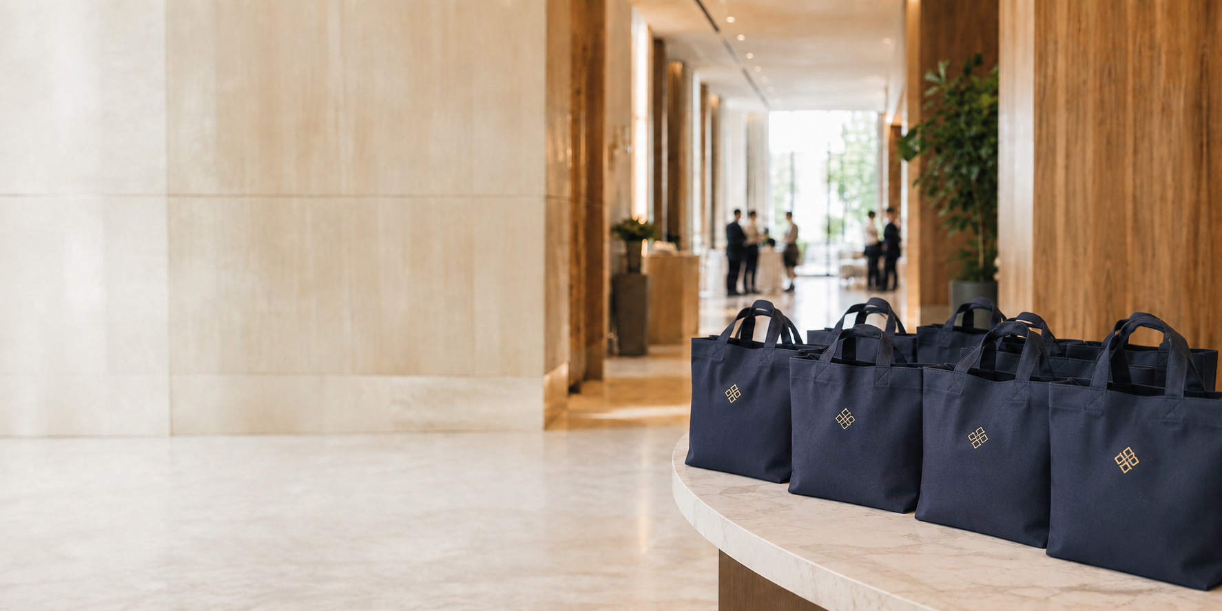  A row of navy blue canvas tote bags with gold logos lined up on a curved beige stone counter in a modern, upscale hotel lobby.