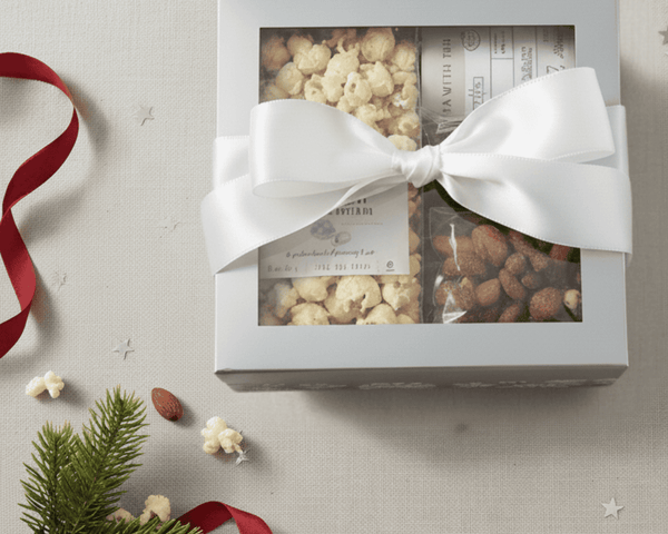 Gift box with a white bow containing snacks on a textured surface with Christmas decorations.