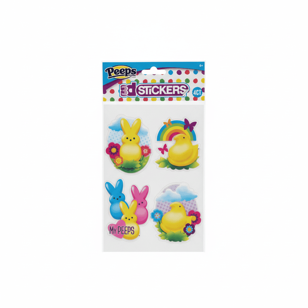 Peeps 3D Stickers - 4 Count featuring Easter-themed chick and bunny designs, including rainbows, flowers, and butterflies. Official merchandise, perfect for ages 4+.