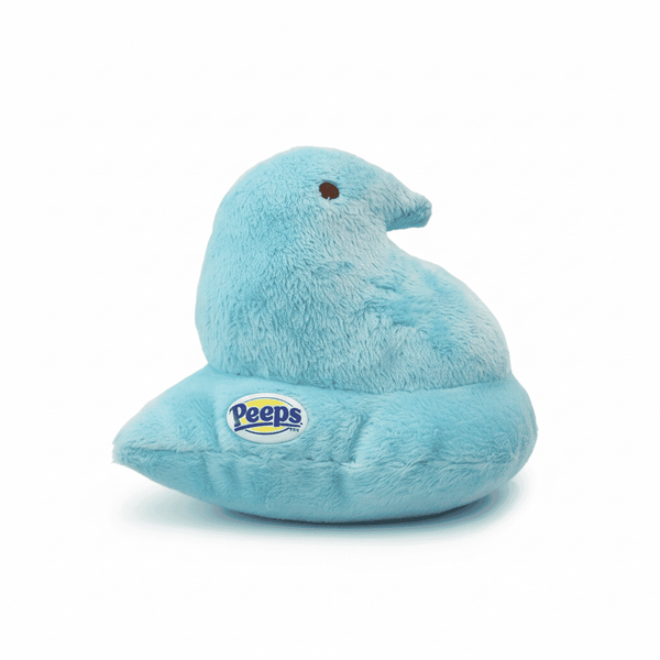 Peeps Plush Chick - 5 Blue: A soft, light-blue plush toy in classic chick shape, featuring a sewn Peeps logo and hard plastic emblem.