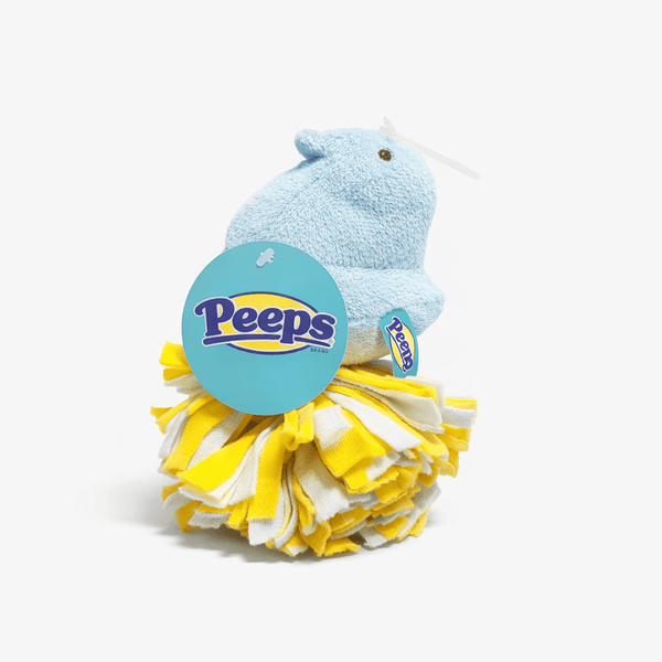 Peeps Blue Chick Squeaky Fleece Dog Toy on a pom-pom base with Peeps tag, perfect for gifting from Celebratopia's unique collection.