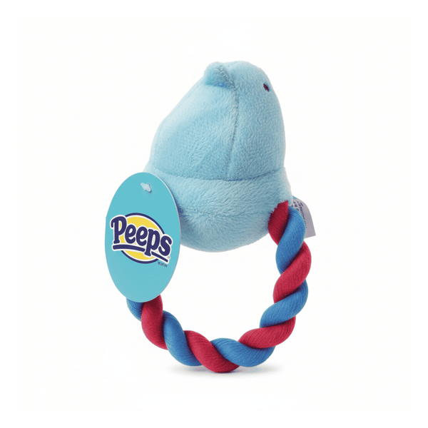 Peeps Chick Squeaky Rope Dog Toy - Blue features a plush blue chick head with a red-and-blue twisted rope ring, perfect for playful pets.