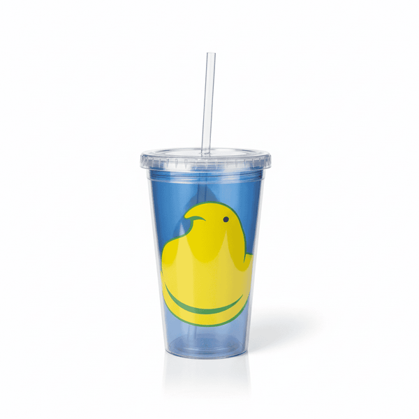 Peeps Blue Double Wall Tumbler - Yellow Chick, featuring a clear double-walled design with a blue tint and a bright yellow chick graphic.
