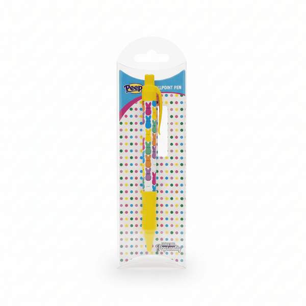 Peeps Bunny Ballpoint Pen, featuring colorful bunny silhouettes on the barrel, packaged with a confetti-patterned card, perfect for gifting from Celebratopia.
