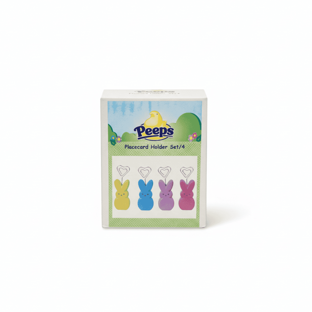 Peeps Placecard Holder Set: Four bunny-shaped holders with heart clips, perfect for displaying cards or photos, ideal for Celebratopia's custom gifting collection.