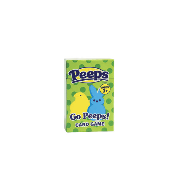 Peeps Go Peeps Card Game - Green Box featuring a marshmallow chick and bunny, suitable for ages 3+, official merchandise from Celebratopia.