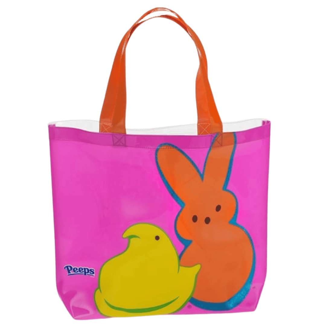 Peeps Character Beach Tote Bag with vinyl body, featuring Peeps chick and bunny design. Includes orange handles and interior pocket. Ideal for gifting from Celebratopia.