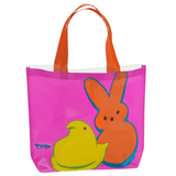 Peeps Character Beach Tote Bag with vinyl body, featuring Peeps chick and bunny design. Includes orange handles and interior pocket. Ideal for gifting from Celebratopia.