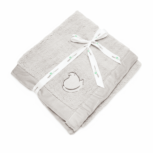 Peeps Chick Whisper Baby Blanket - Gray, featuring a plush finish, embroidered duck silhouette, and white ribbon tie, perfect for gifting from Celebratopia.