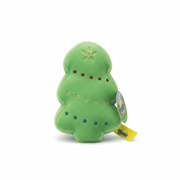 Peeps Christmas Tree - 5 plush toy, green with embroidered ornaments and star, featuring Peeps emblem and tags, perfect for festive gifting from Celebratopia.