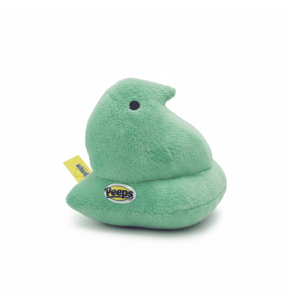 Peeps Plush Chick - 5 Green, Blue Tag: Soft plush toy with Peeps logo tag, features embedded emblem, ideal for gifting.