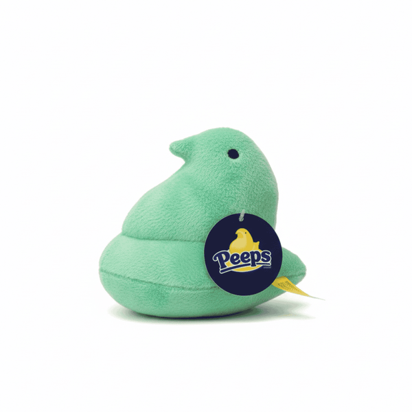 Peeps Plush Chick - 5 Green, Blue Tag, featuring a soft, marshmallow-style texture with an embedded emblem, ideal for custom gifting from Celebratopia.