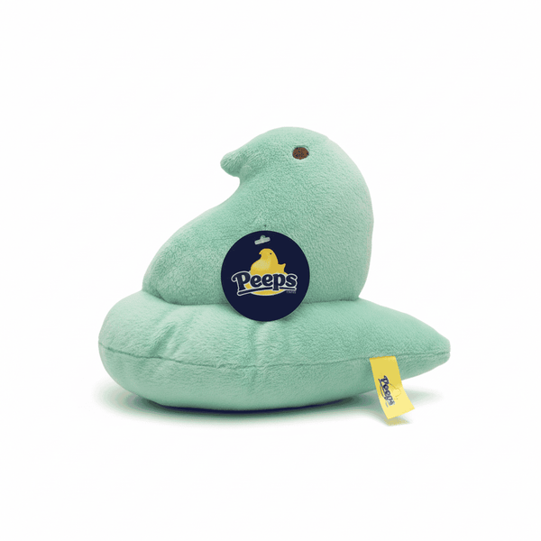 Peeps Plush Chick - 9 Green, Blue Tag; mint-green cushion, brown eye, yellow side tag, Peeps emblem, ideal for custom gifting by Celebratopia.