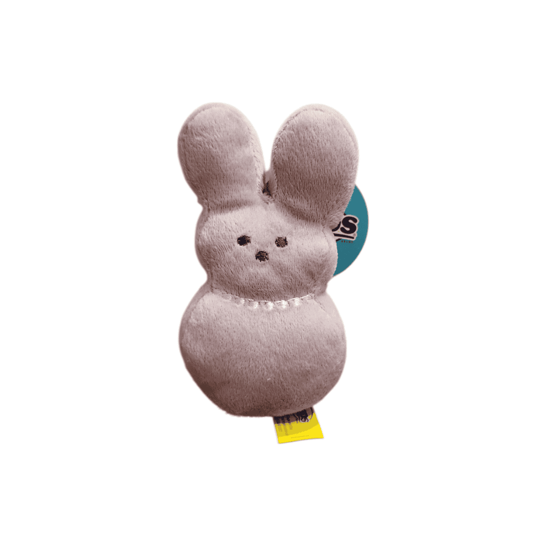 Peeps Lavender Bunny 5-1/2 Squeaky Dog Toy, a soft plush with long ears and a stitched face, featuring a squeaker and an embroidered necklace.