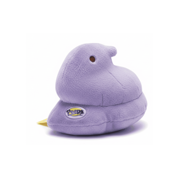 Peeps Plush Chick - 5 Lavender: Soft lavender plush toy shaped like a marshmallow chick, featuring a Peeps logo tag and hard plastic emblem.