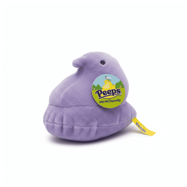 Peeps Plush Chick - 5 Lavender, a soft, purple plush toy shaped like a marshmallow chick, features a Peeps hang tag and embedded emblem.