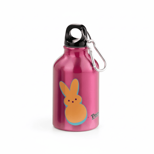 Peeps Orange Bunny Aluminum Water Bottle - 10 oz Pink; features a black cap with loop, silver carabiner, and orange bunny logo. Ideal for ages 8+.