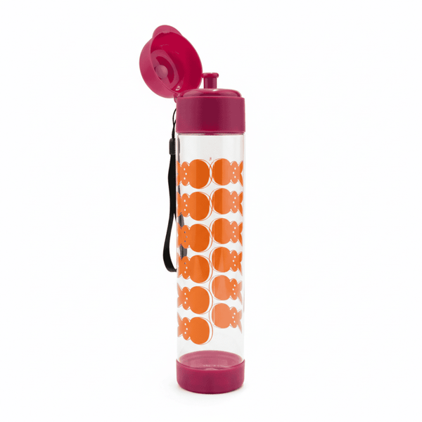 Peeps Orange Bunny H2Go Water Bottle - 25 oz; clear, slim design with pink lid, orange bunny motifs, and black carrying strap. Ideal for cold beverages.