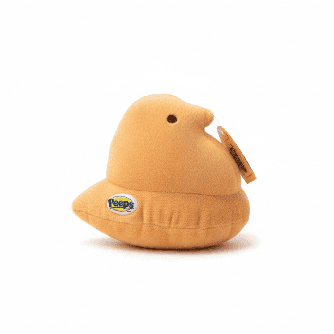 Peeps Plush Chick - 5 Orange: Soft toy with a round black eye and Peeps logo, ideal for custom gifting by Celebratopia.