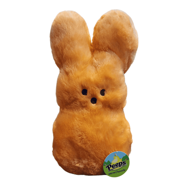 Peeps Plush Shaggy Bunny - 16 Orange with fuzzy texture, long ears, and black felt eyes and nose, featuring a Peeps tag at the base.