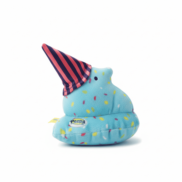 Peeps Plush Party Cake Chick - 5 with multicolored sprinkle-dots and a red-and-navy striped party hat, featuring an embedded emblem and blue hang tag.