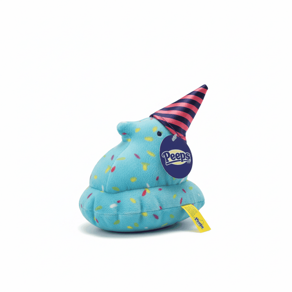 Peeps Plush Party Cake Chick - 5, a swirl-shaped plush with multicolored sprinkles and a striped party hat, ideal for gifting from Celebratopia.