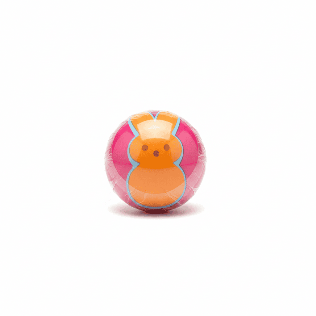 Peeps Pink Ball with Orange Bunny Motif, a 2.5 inflatable toy, features a stylized orange Peeps bunny silhouette, ideal for personalized gifting from Celebratopia.