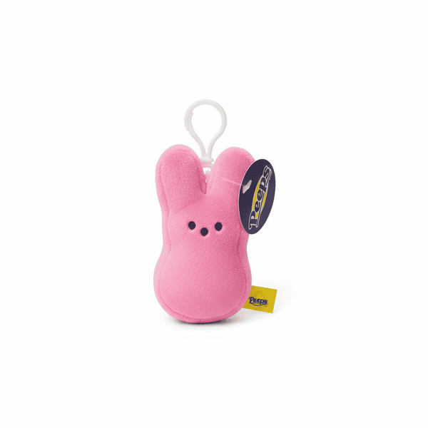 Peeps Bunny Backpack Clip - Pink: A small plush bunny with classic peep shape, three-dot face, and clip for bags, perfect for gifting.