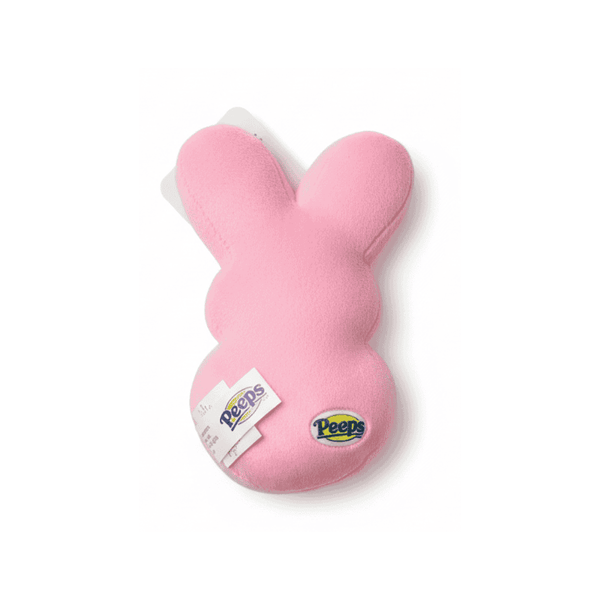 Peeps Bubble Gum Scented Bunny - 5 Pink, a plush pillow resembling a Peeps bunny, features a logo tag and hard plastic emblem.