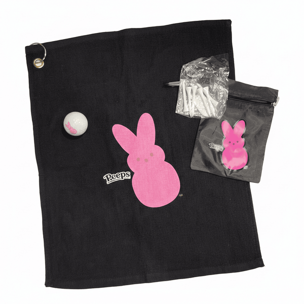 Peeps Bunny Golf Set: Includes a black towel, golf ball, zip pouch, and tees, all featuring the iconic pink bunny logo.