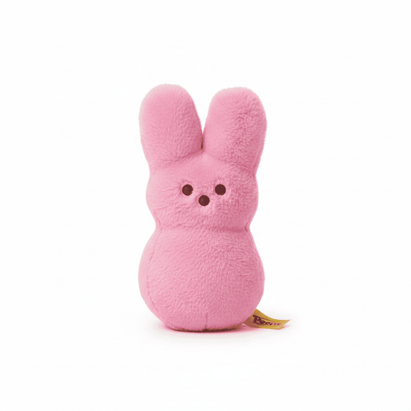 Peeps Plush Bunny - 5 Pink, Sewn Tags Only: A fluffy bunny plush with upright ears, round eyes, and a yellow tag, resembling a marshmallow Peeps bunny.