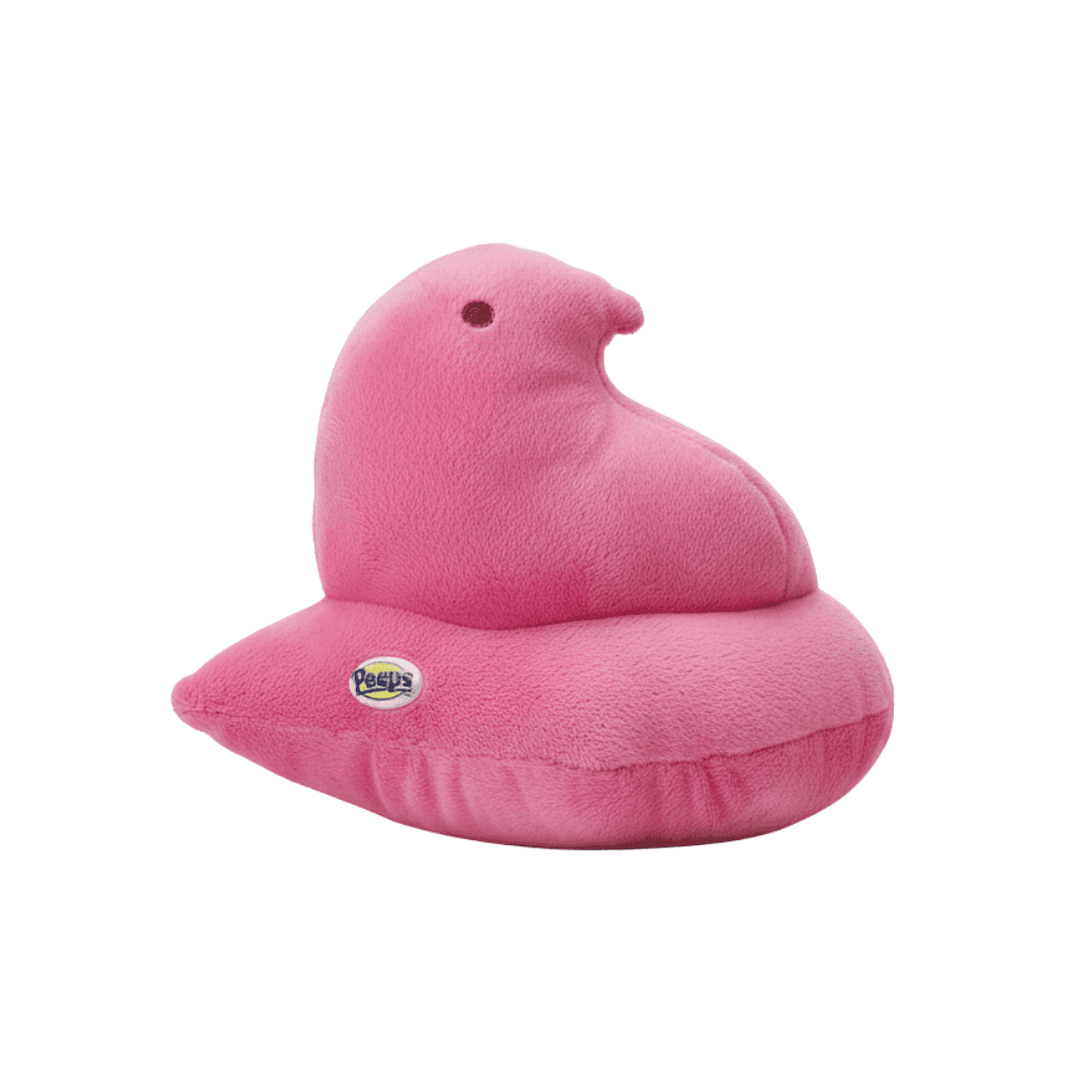 Peeps Plush Chick - 9 Pink, Blue Tag: Soft, marshmallow-shaped cushion with Peeps emblem, perfect for gifting from Celebratopia's unique collection.