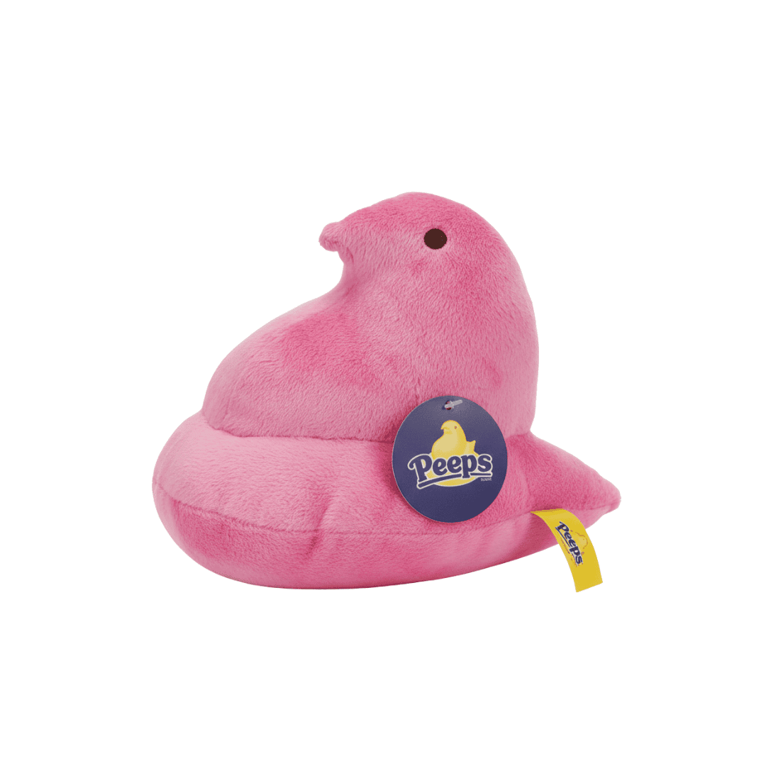Peeps Plush Chick - 9 Pink, Blue Tag: A soft, marshmallow-style stuffed toy with a hard plastic Peeps emblem, perfect for custom gifting from Celebratopia.
