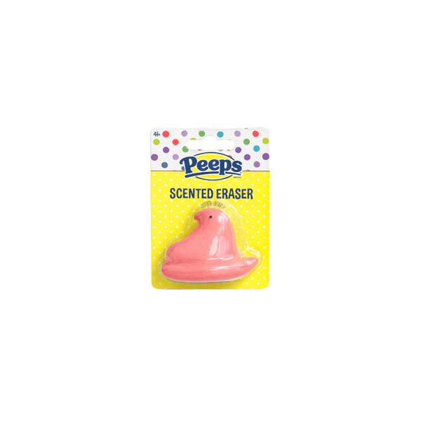 Peeps Pink Chick Scented Eraser, shaped as a marshmallow chick on yellow polka-dot card, official merchandise, perfect for personalized gifting from Celebratopia.