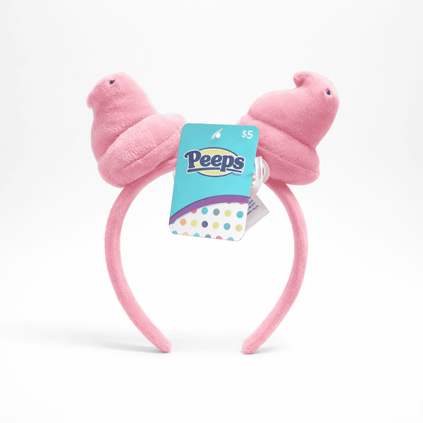 Peeps Pink Chick Headband with soft plush and two pink marshmallow figures, featuring a $5 Peeps gift card tag, ideal for gifting.