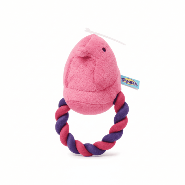 Peeps Chick Squeaky Rope Dog Toy features a plush pink chick atop a pink and purple twisted rope, perfect for chewing and tugging.
