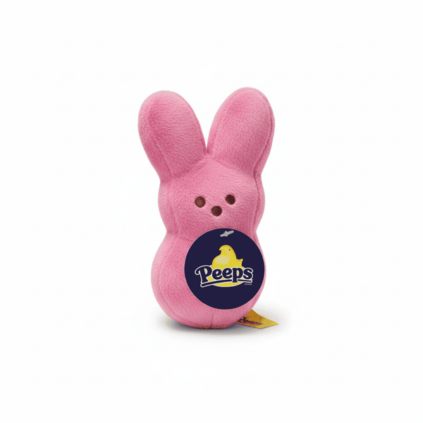 Peeps Plush Bunny - 5 Pink with Blue Tag, featuring a hard plastic Peeps emblem. New with tags, perfect for festive gifting from Celebratopia.